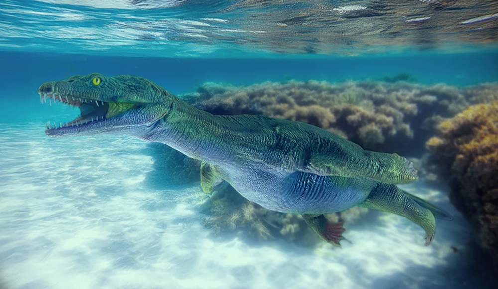 Reconstruction of Lariosaurus valceresii while swimming with forelimbs positioned at the end of the “rowing” phase